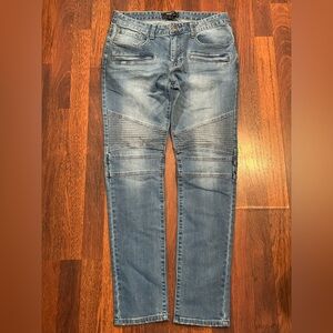 Forever 21 Men’s Moto Biker Jeans Blue Denim Ribbed Knee Size 32 Slim Fit